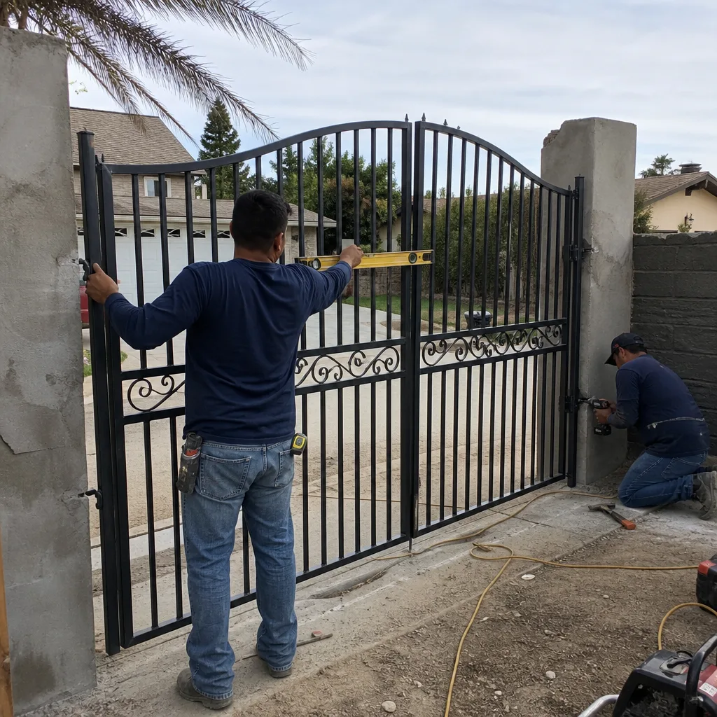 Two professional workers installing custom iron residential driveway gates.