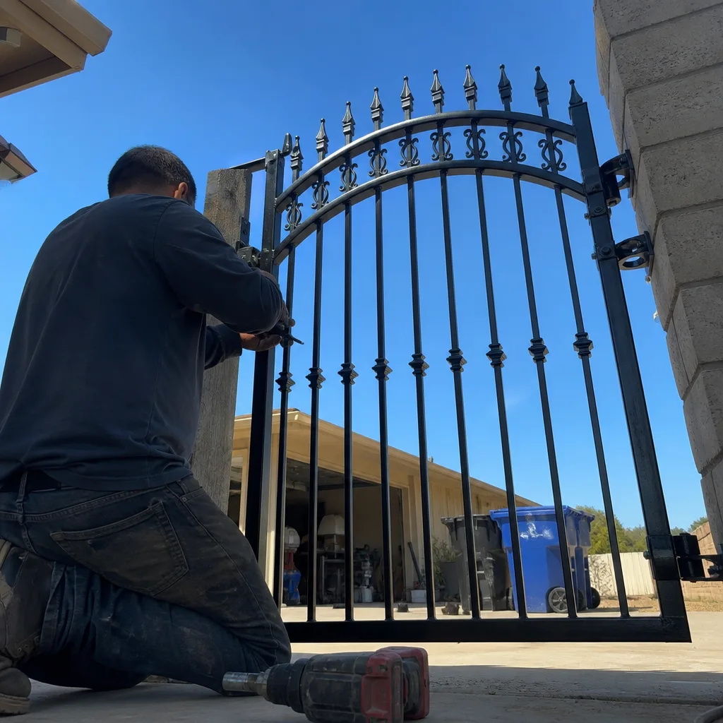 Contractor installing and securing a decorative black metal gate
