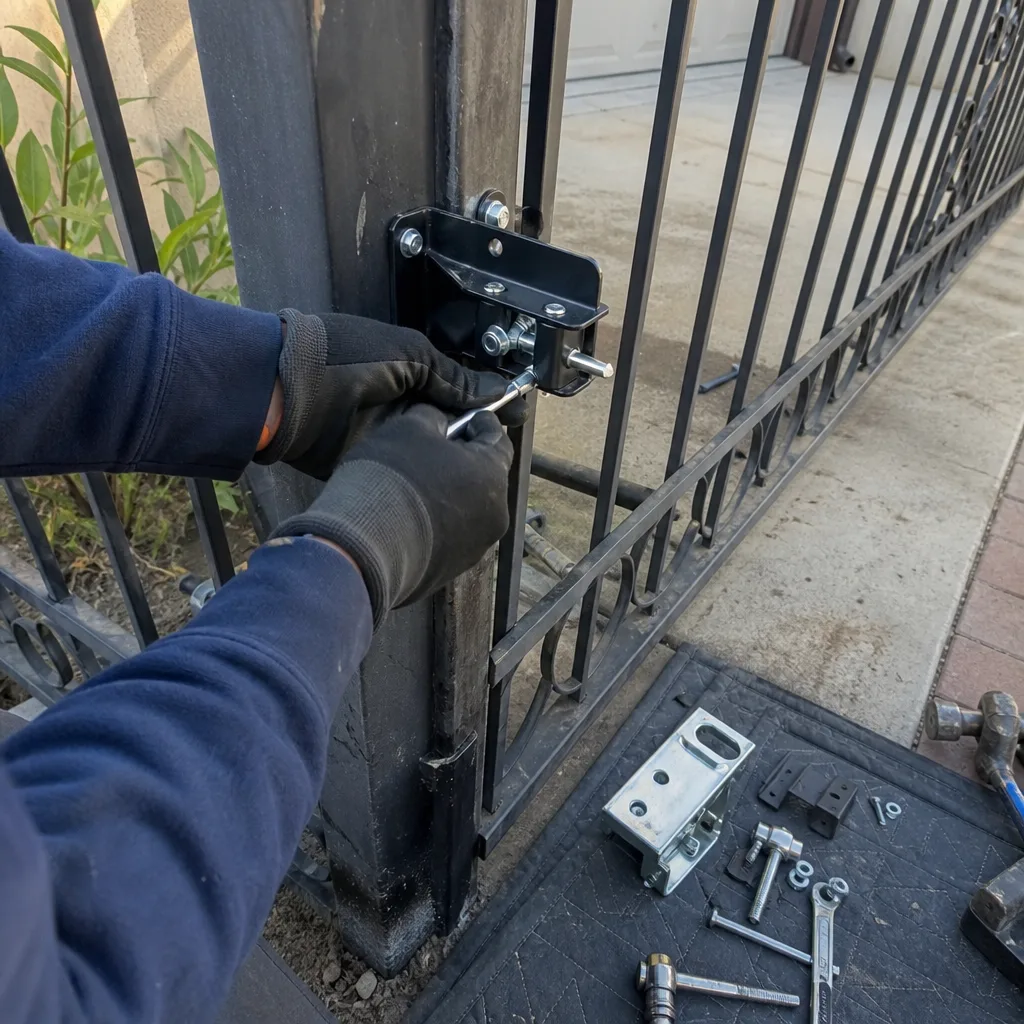 Technician installing or repairing a metal gate latch component