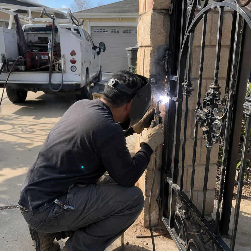 Professional welder performing metal gate repair and ironwork maintenance